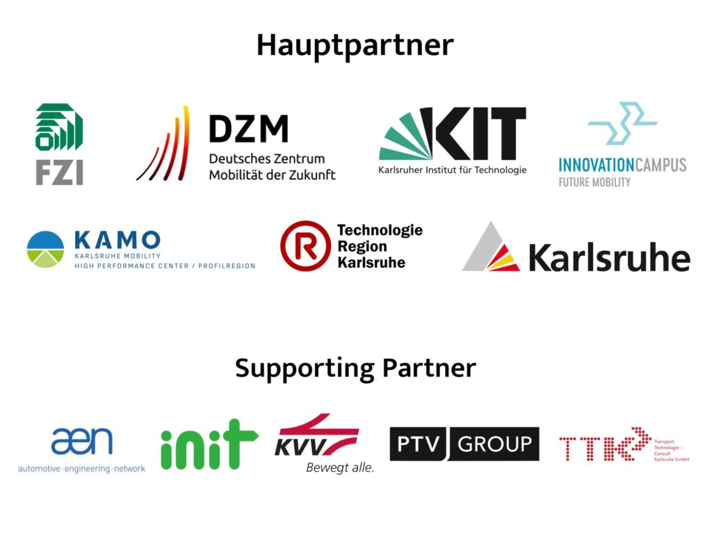 Logos of FZI, DZM, KIT, ICM, KAMO, TRK, City of Karlsruhe, AEN, init SE, KVV, PTV Group and TTK GmbH