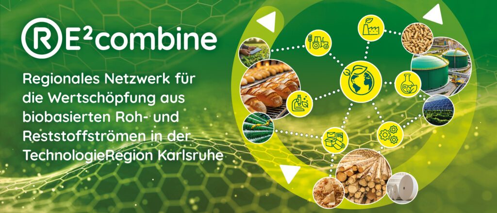 Banner zum Projekt RE²combine - Bilder und Symbole zu den Wertschöpfungsbereichen Holz- und Papierwirtschaft, Bioenergie und Lebensmittelverarbeitung