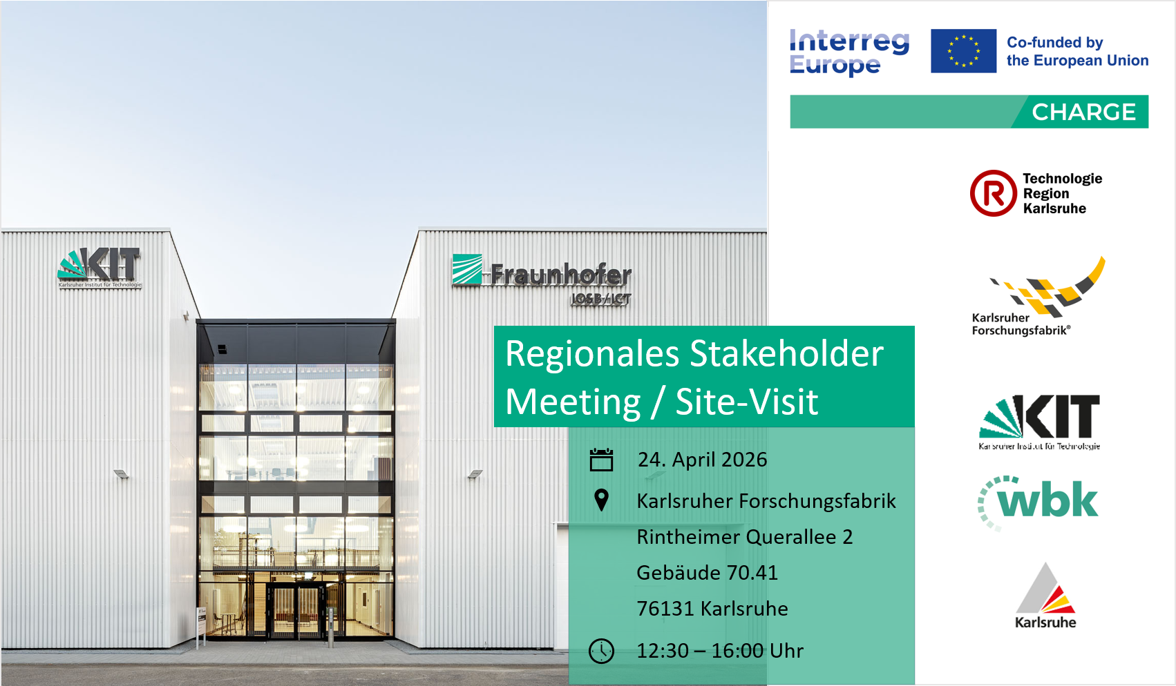 Banner CHARGE Erstes Regionale Stakeholder Meeting - Site Visit Karlsruher Forschungsfabrik 24.04.2026